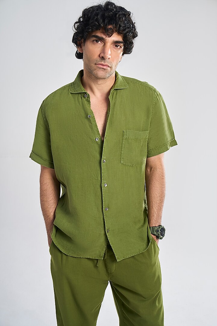 Olive Green Linen Shirt by TERRA LUNA at Pernia's Pop Up Shop