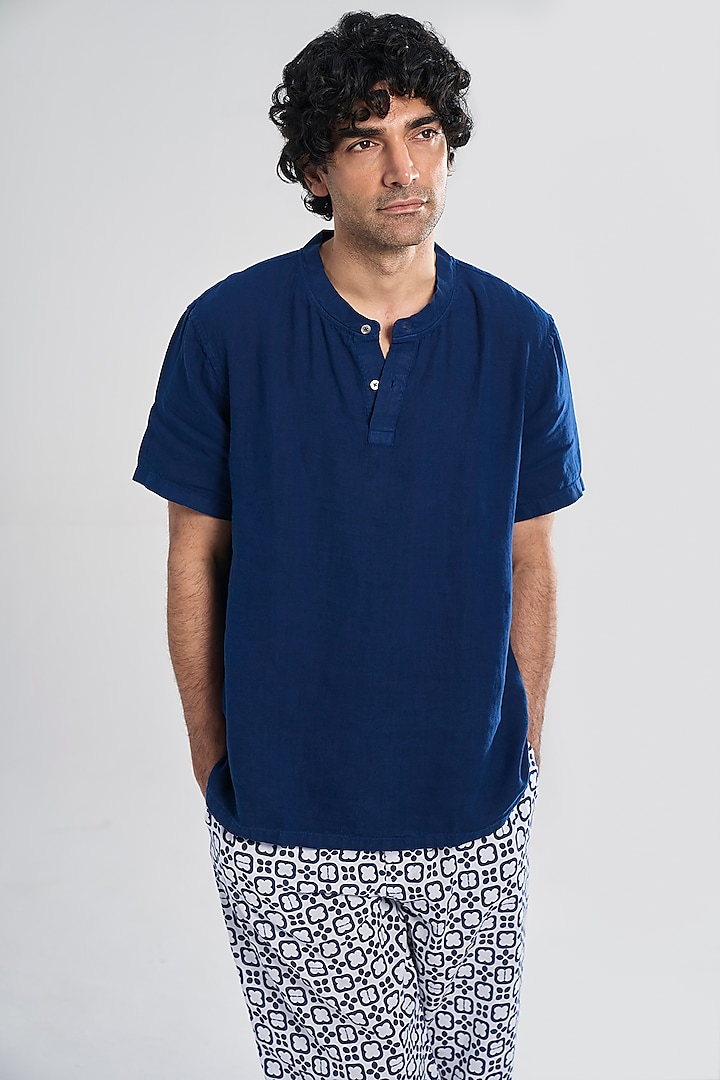 Blue Organic Khadi Cotton T-Shirt by TERRA LUNA at Pernia's Pop Up Shop