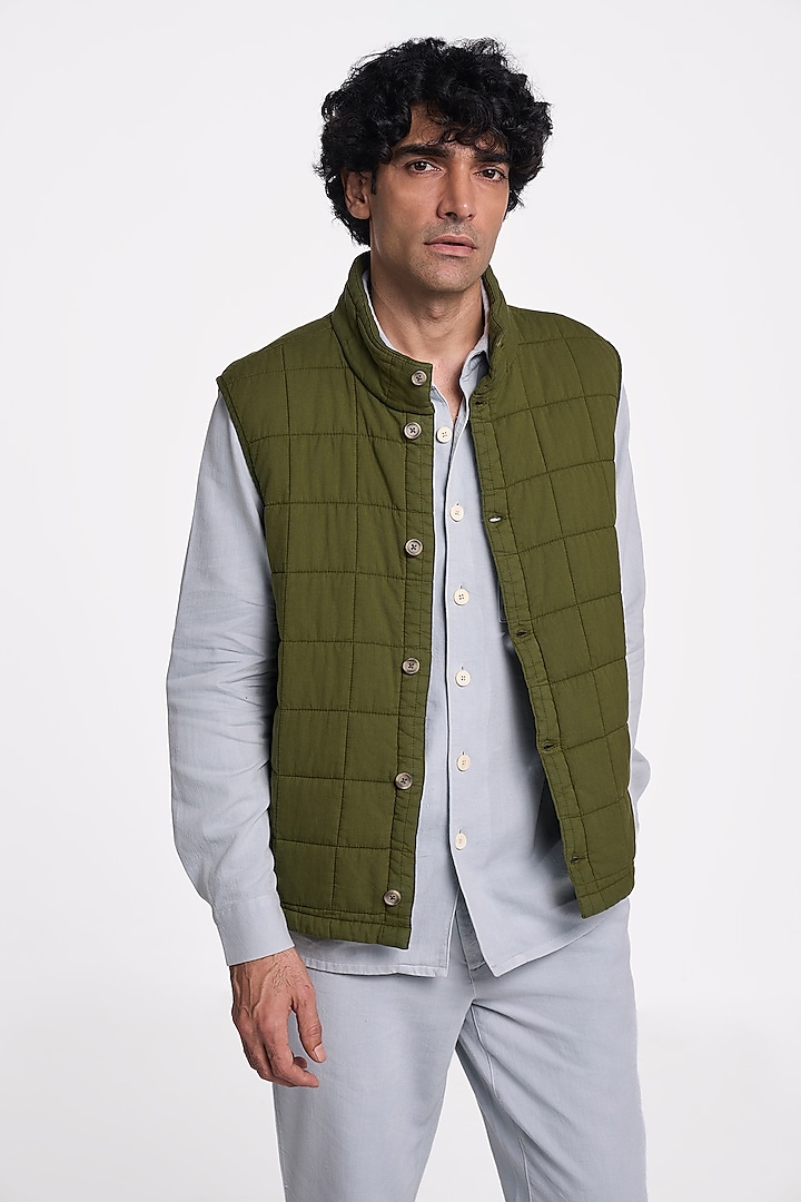 Olive Organic Khadi Cotton Jacket by TERRA LUNA at Pernia's Pop Up Shop