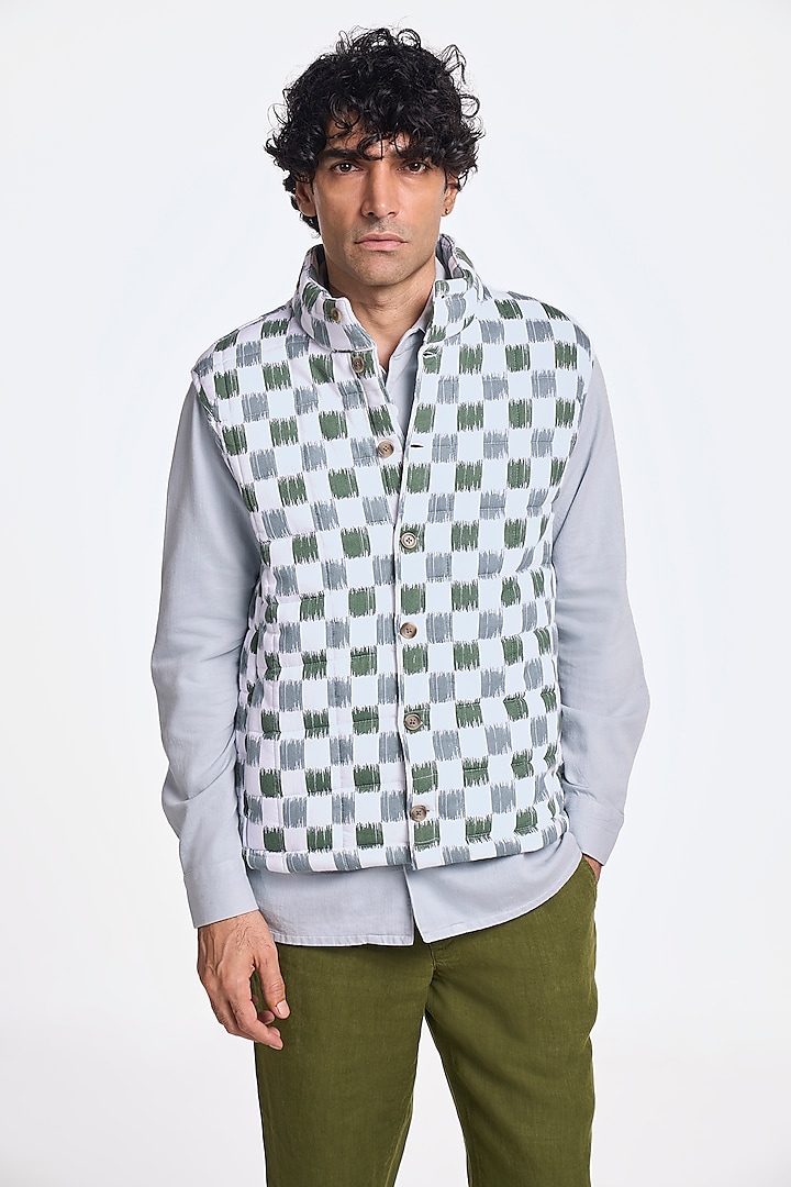 Olive & White Organic Khadi Cotton Printed Jacket by TERRA LUNA at Pernia's Pop Up Shop