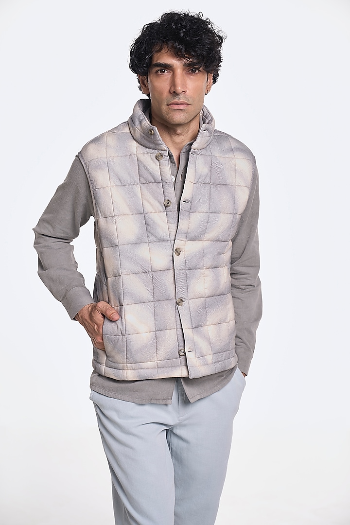 Aged Walnut Grey Organic Khadi Cotton Printed Jacket by TERRA LUNA