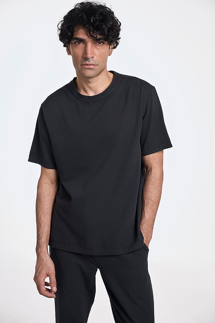 Black Organic Khadi Cotton T-Shirt by TERRA LUNA at Pernia's Pop Up Shop