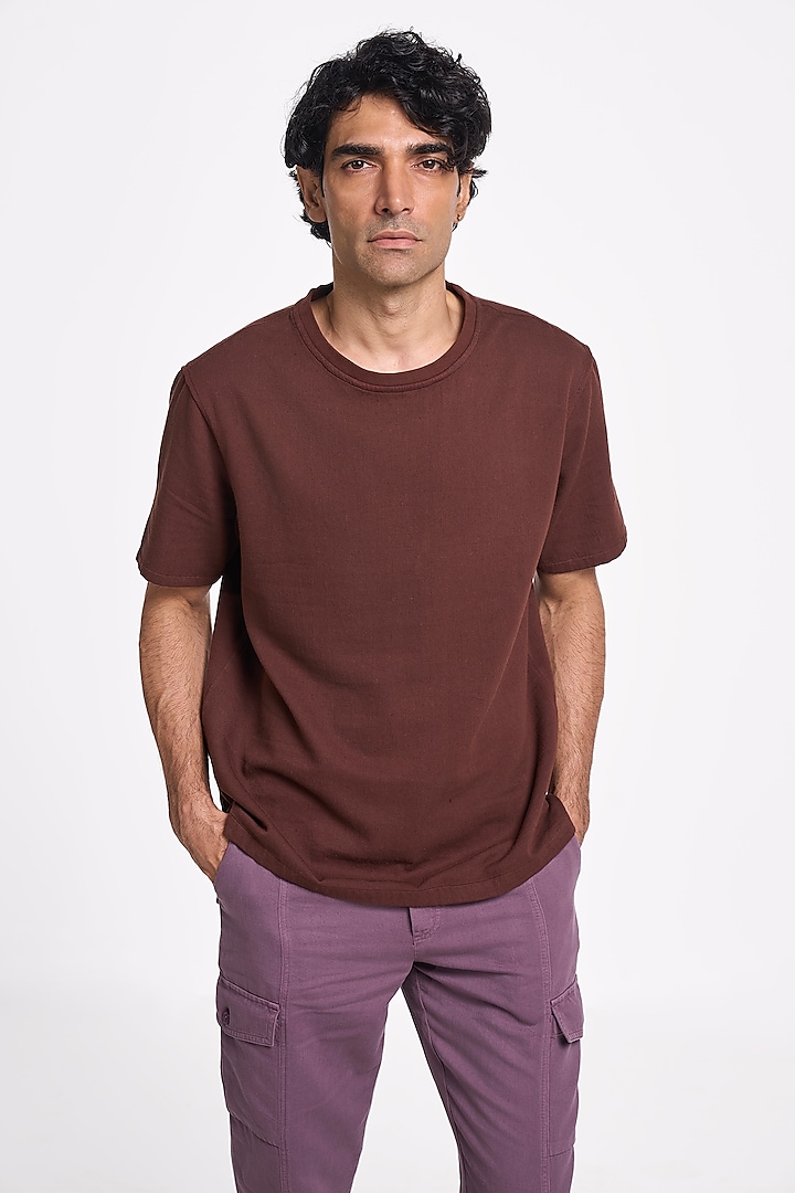 Brown Organic Khadi Cotton T-Shirt by TERRA LUNA at Pernia's Pop Up Shop