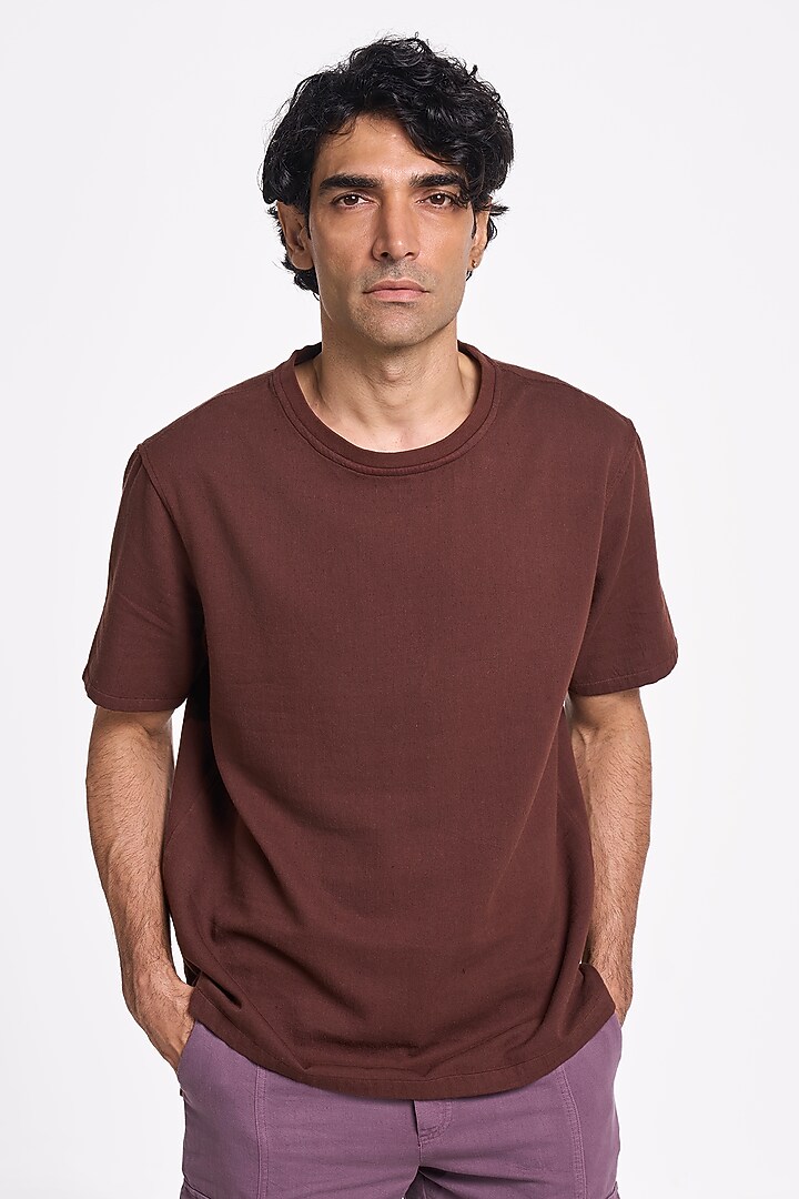 Brown Organic Khadi Cotton T-Shirt by TERRA LUNA at Pernia's Pop Up Shop