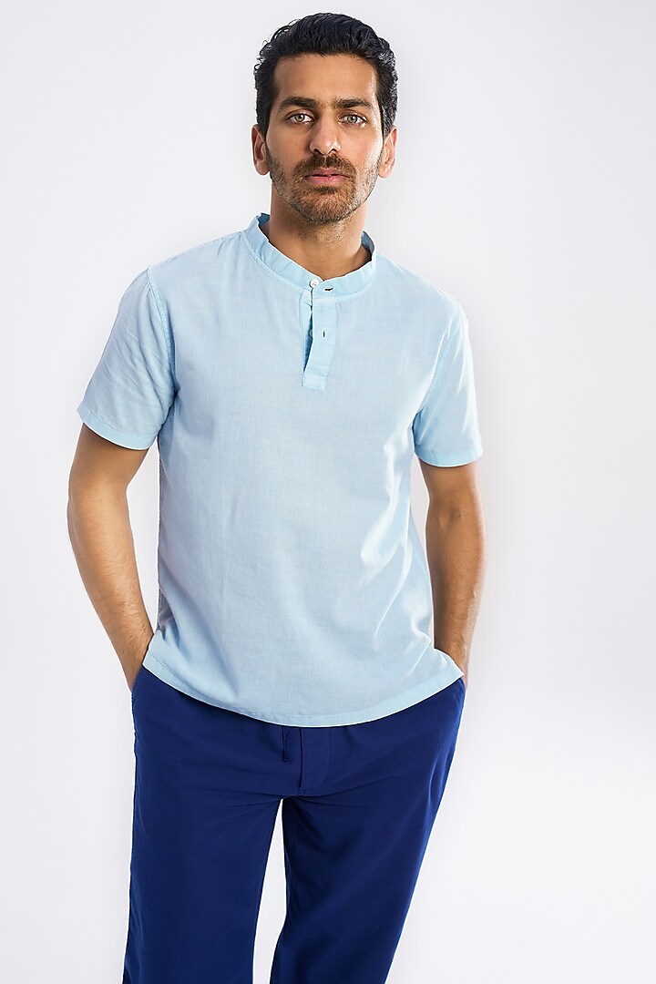 Blue Organic Khadi Cotton T-Shirt by TERRA LUNA at Pernia's Pop Up Shop