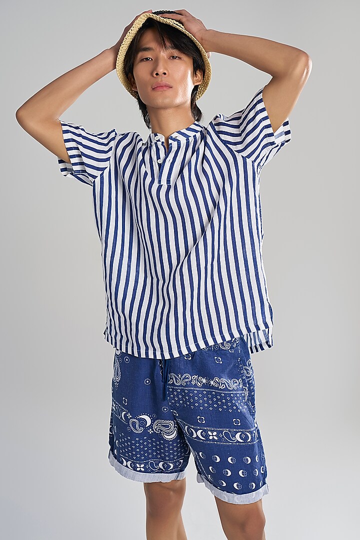 Blue Organic Khadi Cotton Striped T-Shirt by TERRA LUNA at Pernia's Pop Up Shop