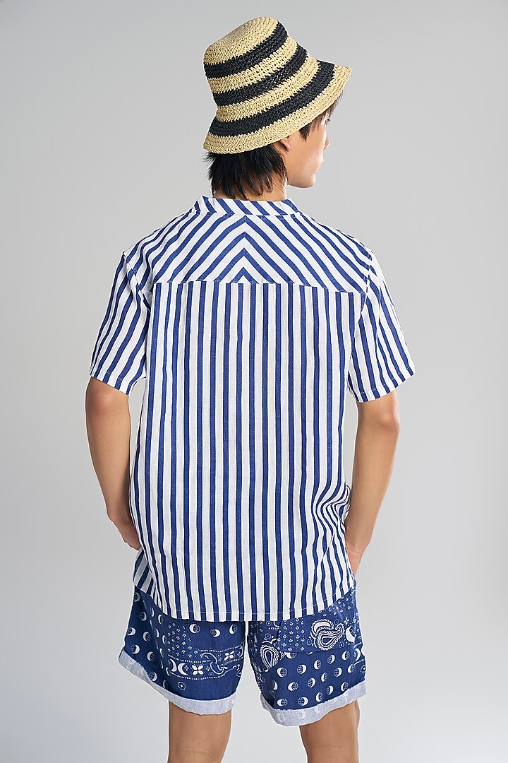 Blue Organic Khadi Cotton Striped T-Shirt by TERRA LUNA at Pernia's Pop Up Shop