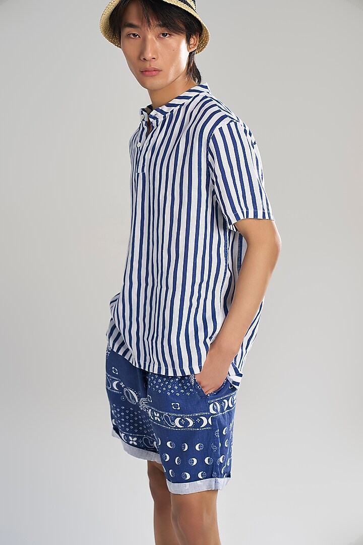 Blue Organic Khadi Cotton Striped T-Shirt by TERRA LUNA at Pernia's Pop Up Shop