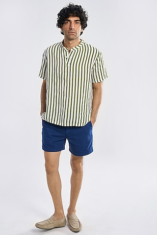 Olive Green Organic Khadi Cotton Striped T-Shirt by TERRA LUNA
