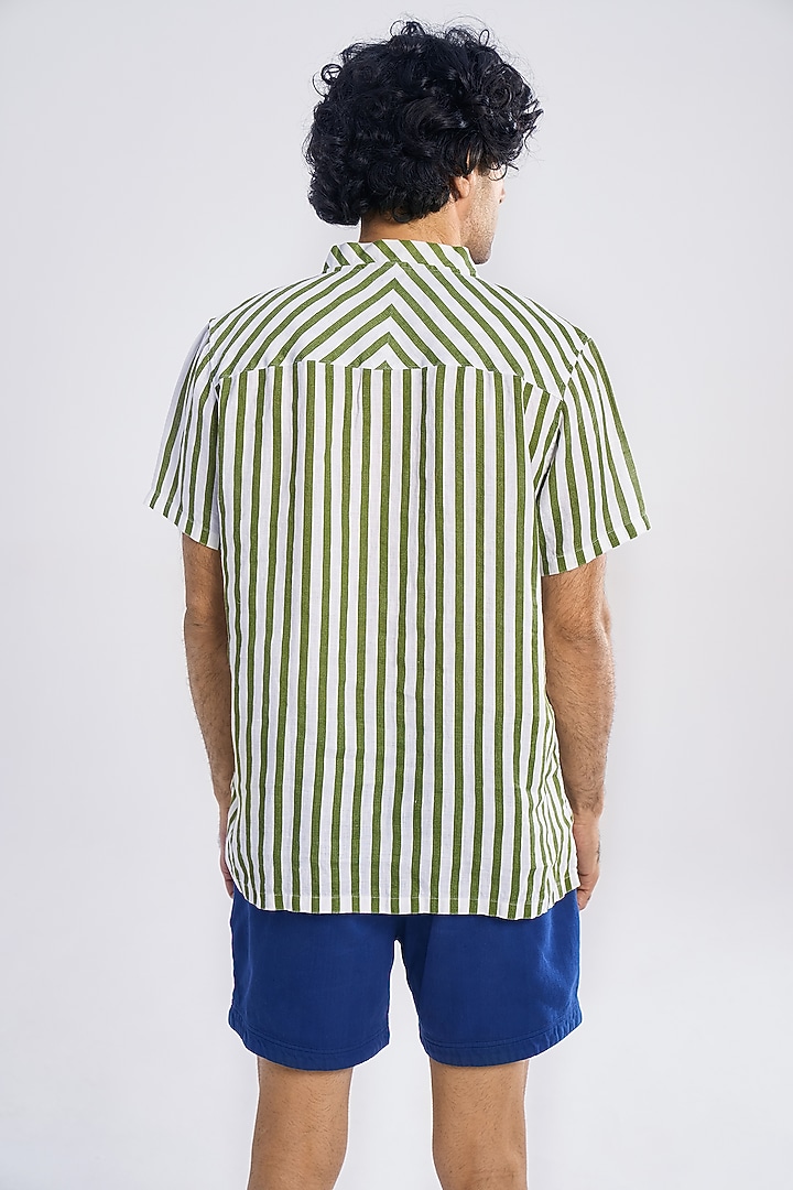 Olive Green Organic Khadi Cotton Striped T-Shirt by TERRA LUNA at Pernia's Pop Up Shop