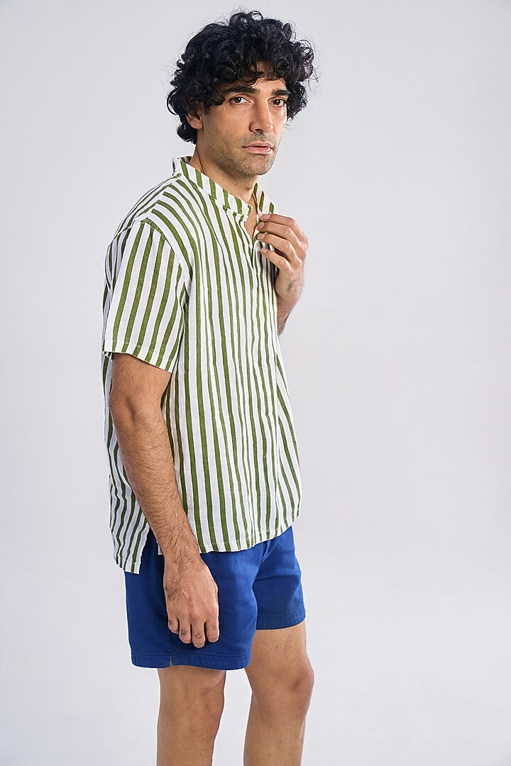 Olive Green Organic Khadi Cotton Striped T-Shirt by TERRA LUNA at Pernia's Pop Up Shop
