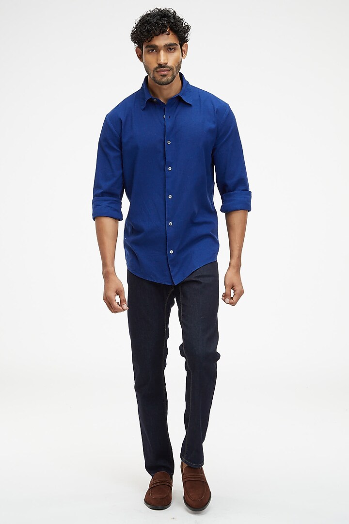 Blue Organic Khadi Cotton Summer Shirt by TERRA LUNA at Pernia's Pop Up Shop