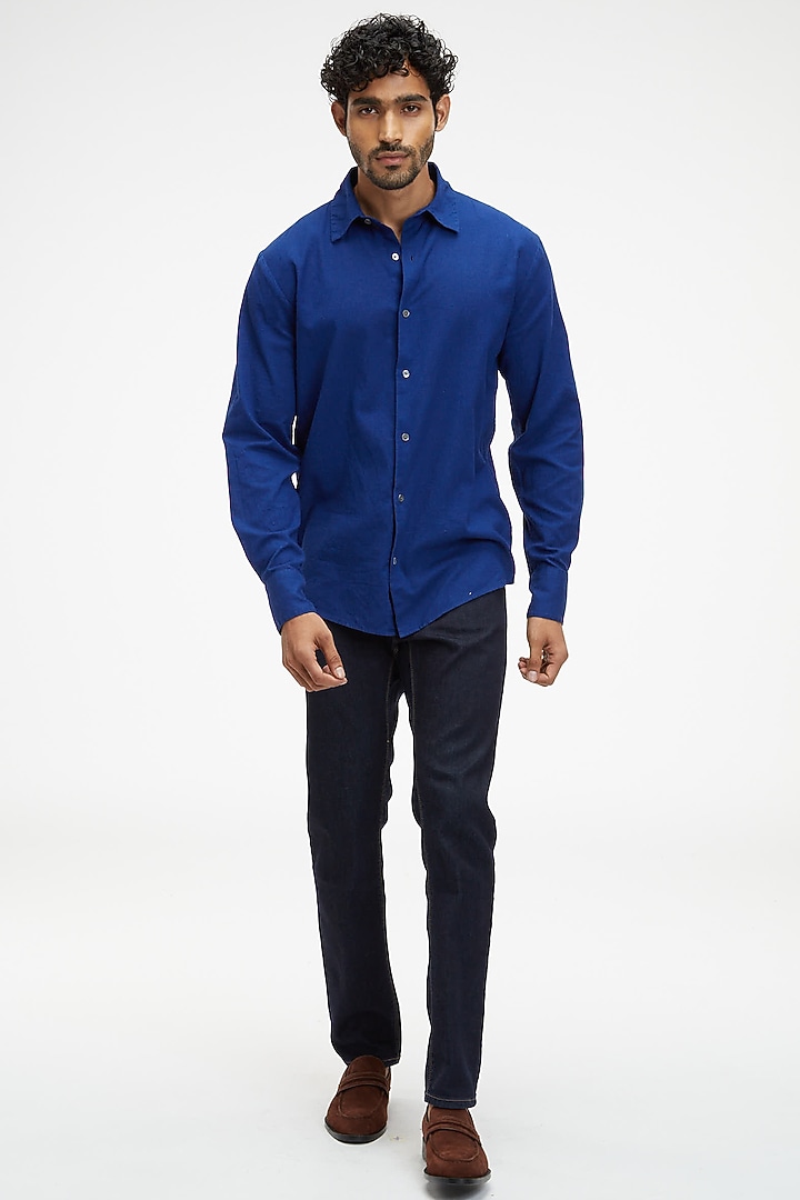 Blue Organic Khadi Cotton Summer Shirt by TERRA LUNA at Pernia's Pop Up Shop