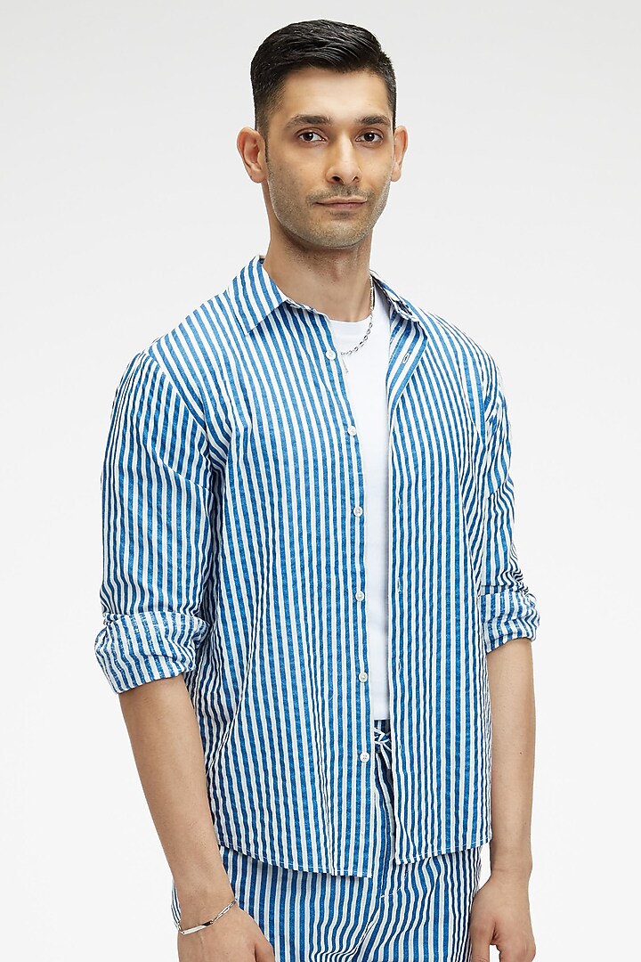 Blue Organic Khadi Cotton Party Wear Shirt by TERRA LUNA at Pernia's Pop Up Shop