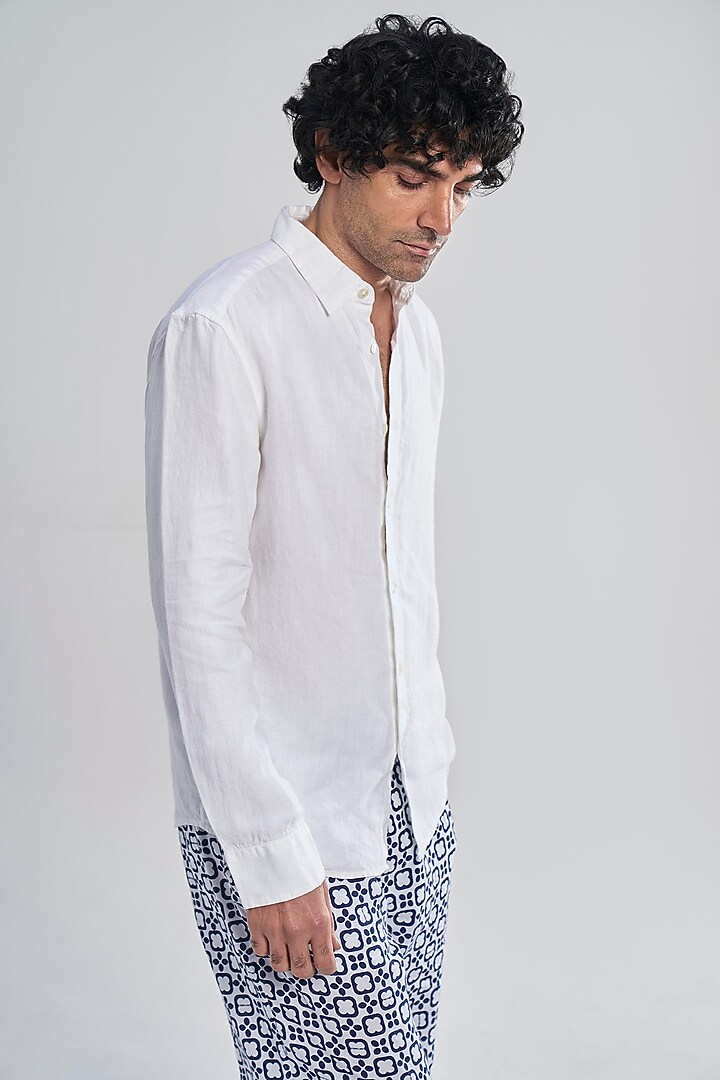 White Linen Twill Party Wear Shirt by TERRA LUNA at Pernia's Pop Up Shop