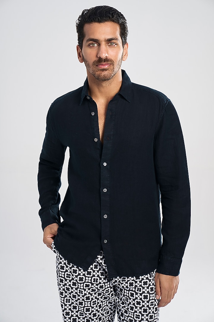 Black Linen Twill Party Wear Shirt by TERRA LUNA at Pernia's Pop Up Shop