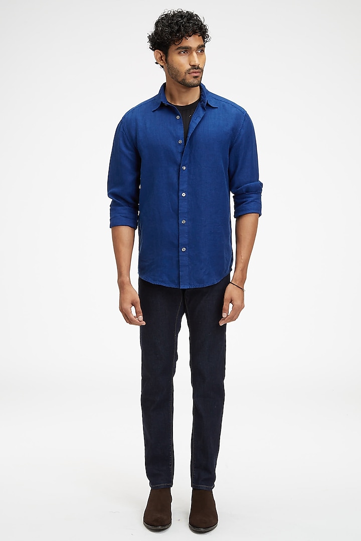 Blue Linen Twill Shirt by TERRA LUNA at Pernia's Pop Up Shop