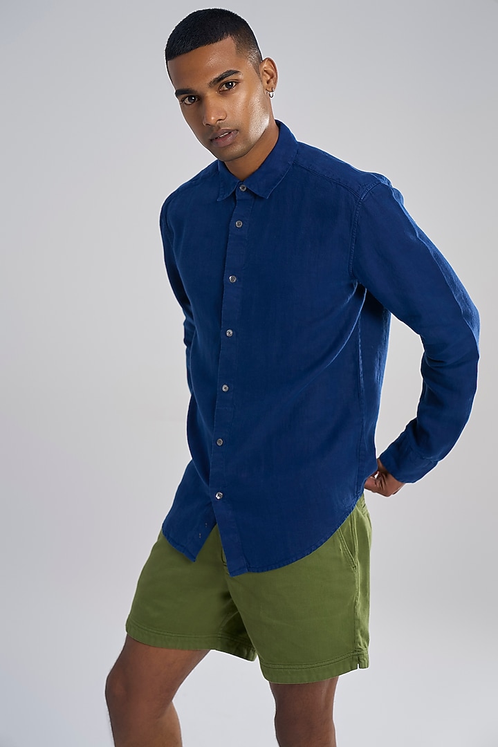 Blue Linen Twill Party Wear Shirt by TERRA LUNA at Pernia's Pop Up Shop