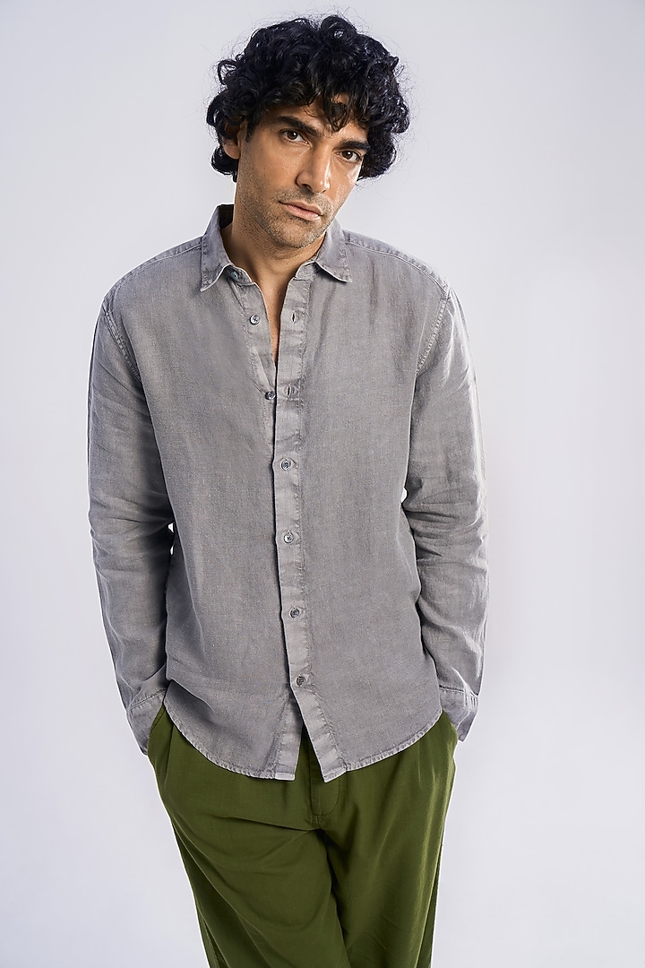 Charcoal Grey Linen Twill Party Wear Shirt by TERRA LUNA at Pernia's Pop Up Shop