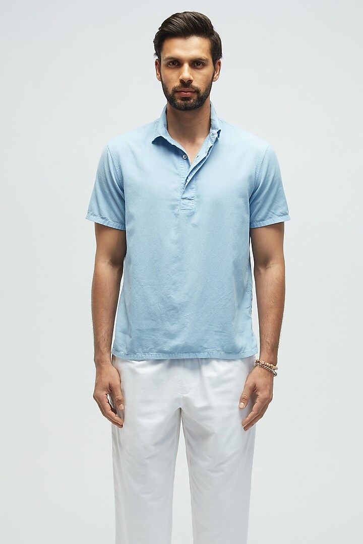 Dusty Blue Organic Khadi Cotton T-Shirt by TERRA LUNA at Pernia's Pop Up Shop