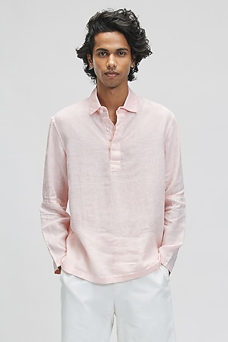 Salmon Pink Linen T-Shirt by TERRA LUNA