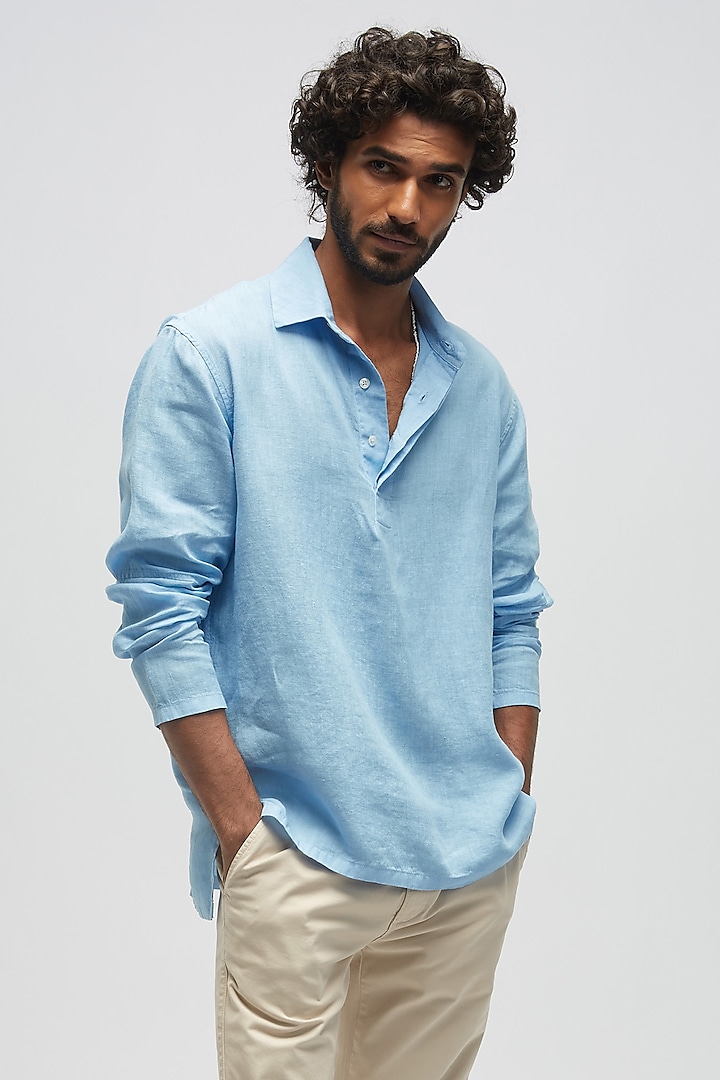 Dusty Blue Linen T-Shirt by TERRA LUNA at Pernia's Pop Up Shop