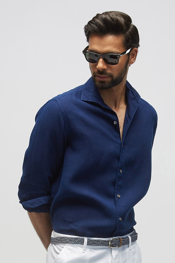 Blue Linen Party Wear Shirt by TERRA LUNA at Pernia's Pop Up Shop