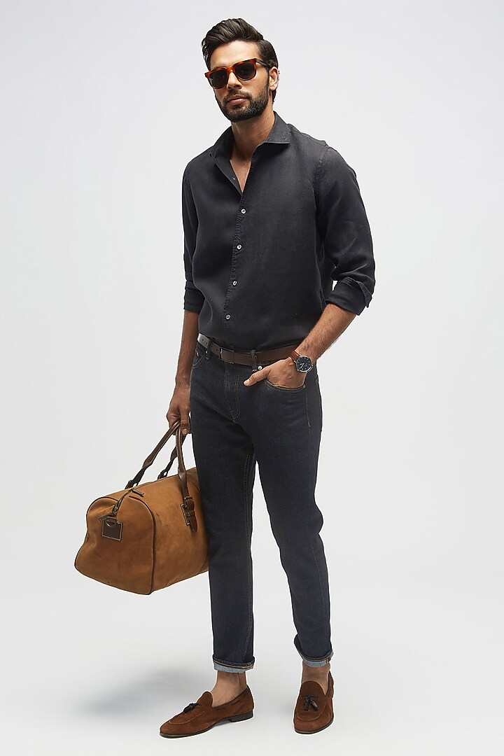 Black Linen Party Wear Shirt by TERRA LUNA at Pernia's Pop Up Shop