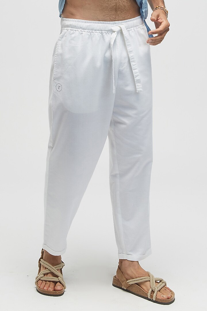 White Organic Khadi Oxford Cotton Pants by TERRA LUNA at Pernia's Pop Up Shop