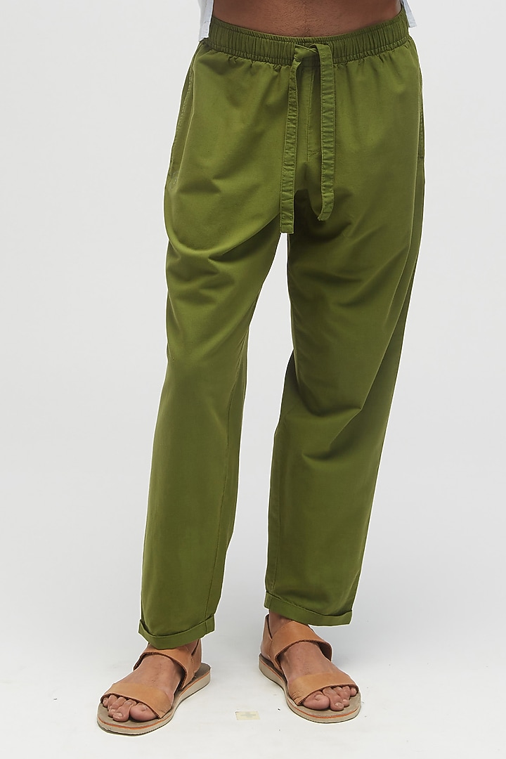 Olive Green Organic Khadi Oxford Cotton Pants by TERRA LUNA at Pernia's Pop Up Shop
