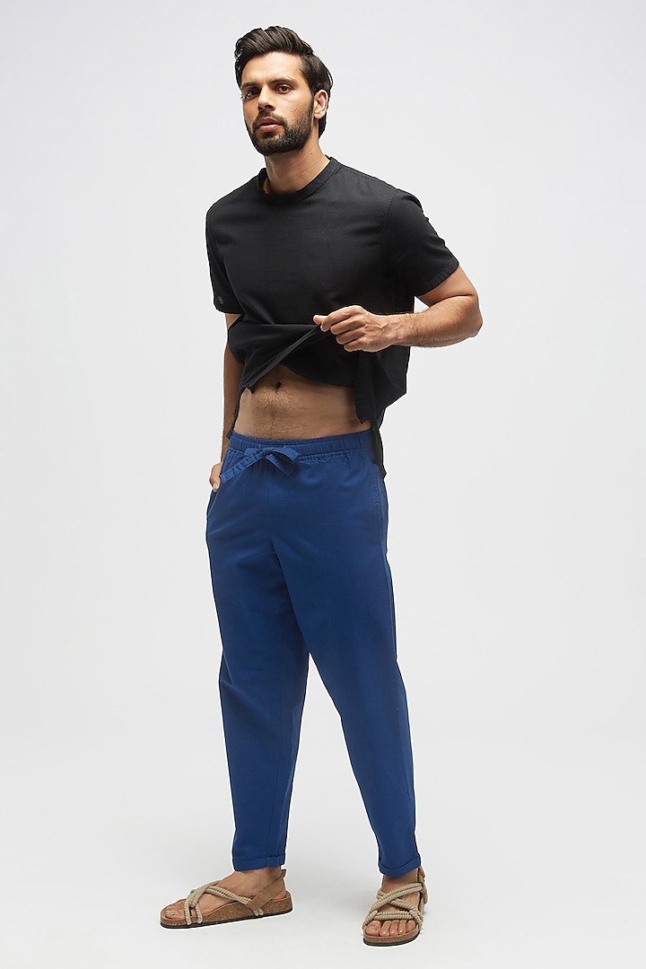 Blue Organic Khadi Oxford Cotton Pants by TERRA LUNA