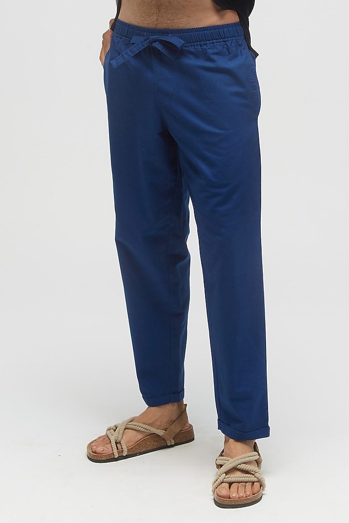 Blue Organic Khadi Oxford Cotton Pants by TERRA LUNA at Pernia's Pop Up Shop