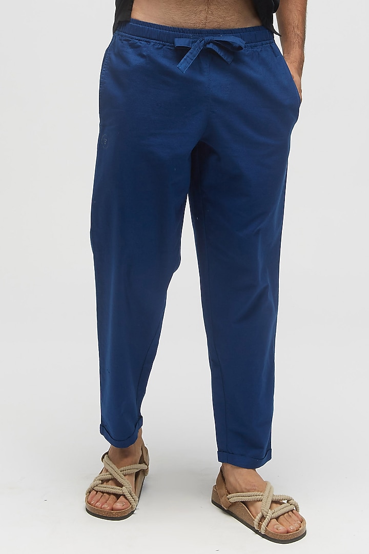 Blue Organic Khadi Oxford Cotton Pants by TERRA LUNA at Pernia's Pop Up Shop