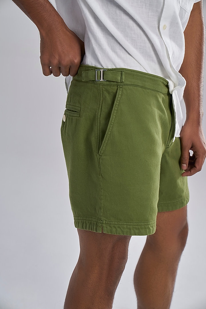 Olive Green Khadi Twill Cotton Shorts by TERRA LUNA at Pernia's Pop Up Shop