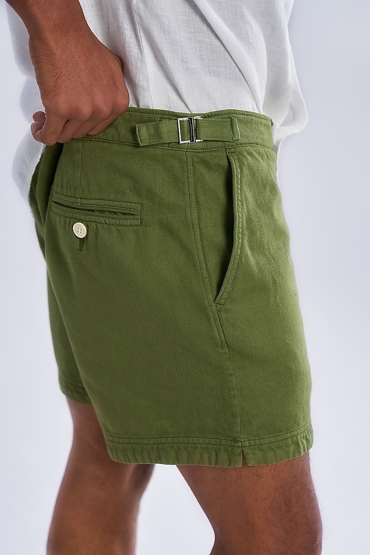 Olive Green Khadi Twill Cotton Shorts by TERRA LUNA at Pernia's Pop Up Shop
