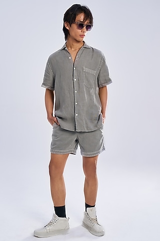 Charcoal Grey Khadi Twill Cotton Shorts by TERRA LUNA