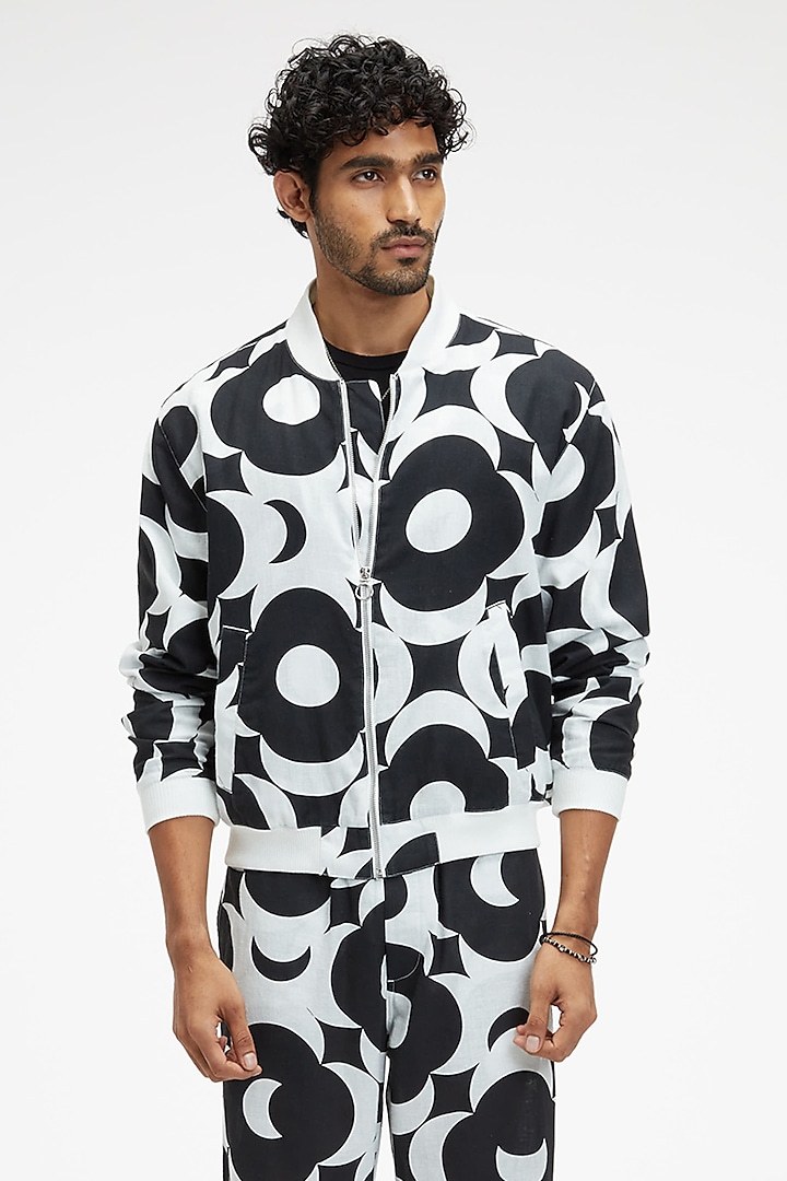 Black Organic Khadi Cotton Digital Printed Jacket by TERRA LUNA