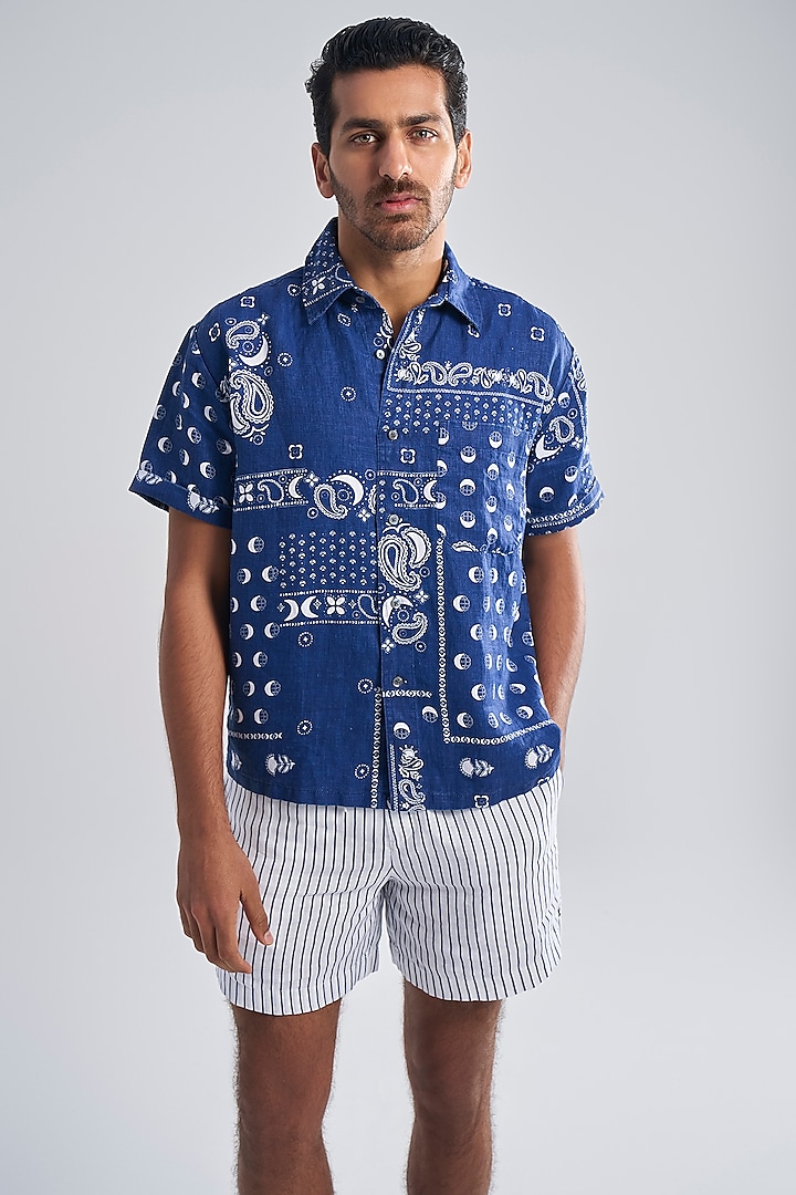 Blue Linen Digital Printed Shirt by TERRA LUNA at Pernia's Pop Up Shop