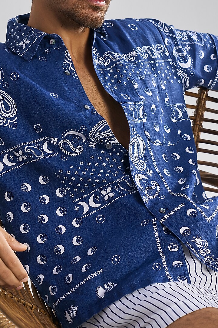 Blue Linen Digital Printed Summer Shirt by TERRA LUNA at Pernia's Pop Up Shop