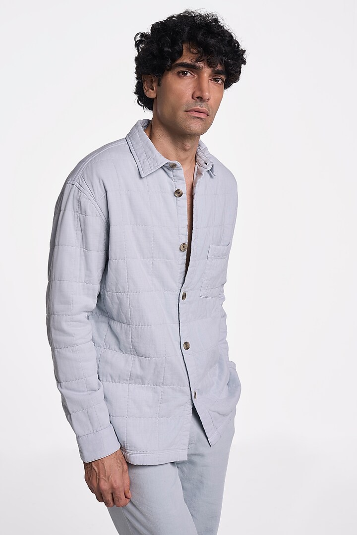 Pearl Blue Organic Khadi Cotton Party Wear Shirt by TERRA LUNA at Pernia's Pop Up Shop