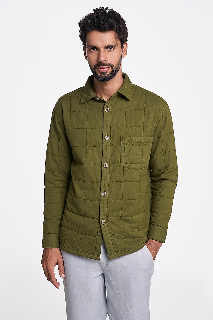 Olive Organic Khadi Cotton Shirt by TERRA LUNA at Pernia's Pop Up Shop