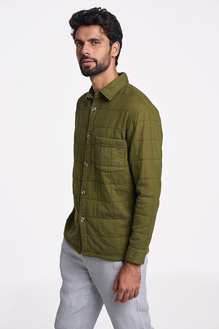 Olive Organic Khadi Cotton Party Wear Shirt by TERRA LUNA at Pernia's Pop Up Shop