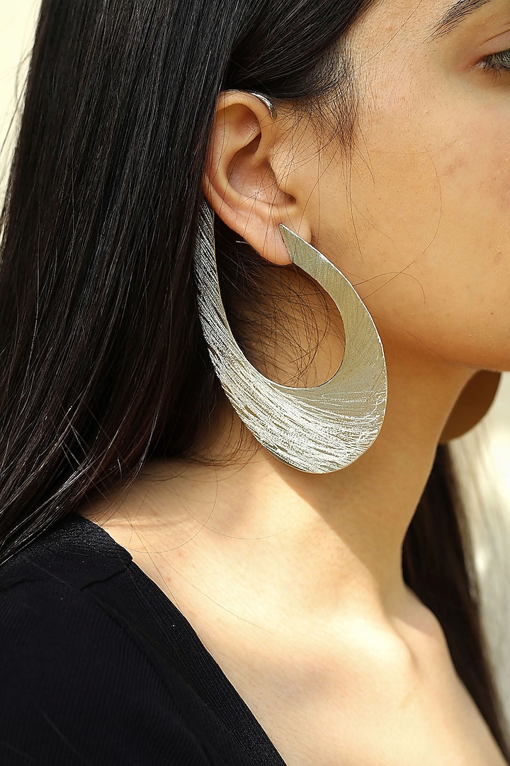 Silver Finish Brass Textured Hoop Earrings by TARSHARI Jewellery