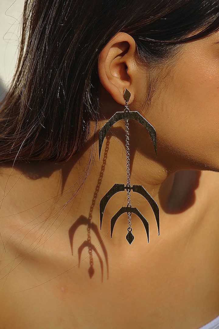 Gold Finish Hand Textured Dangler Earrings by TARSHARI Jewellery at Pernia's Pop Up Shop