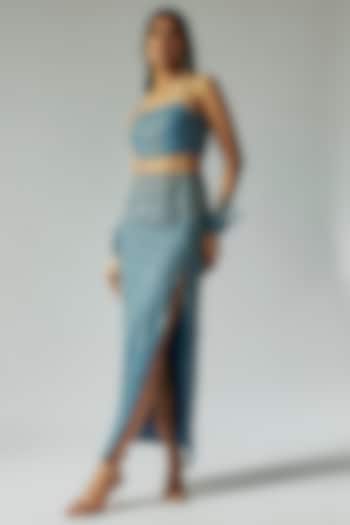 Blue Silk & Crepe Crystal Embroidered Skirt Set by TARSHARI