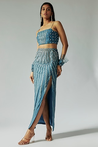 Blue Silk & Crepe Crystal Embroidered Skirt Set by TARSHARI