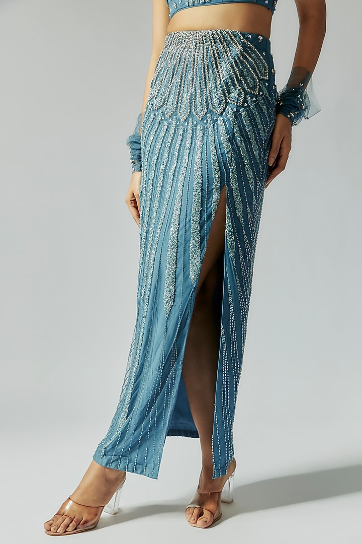 Blue Silk & Crepe Crystal Embroidered Skirt Set by TARSHARI at Pernia's Pop Up Shop