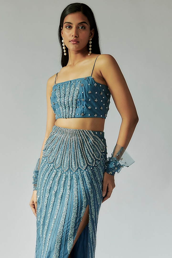 Blue Silk & Crepe Crystal Embroidered Skirt Set by TARSHARI at Pernia's Pop Up Shop