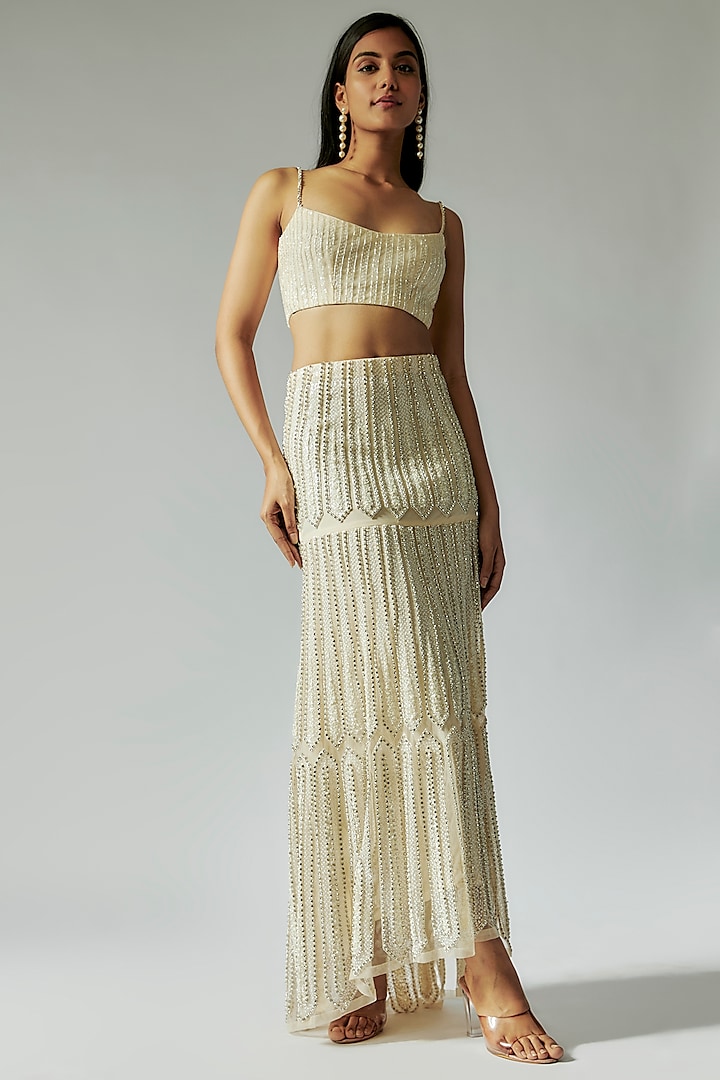 White Organza & Silk Sequins Embroidered Skirt Set by TARSHARI
