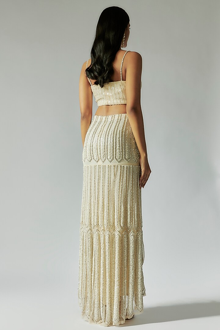 White Organza & Silk Sequins Embroidered Skirt Set by TARSHARI at Pernia's Pop Up Shop